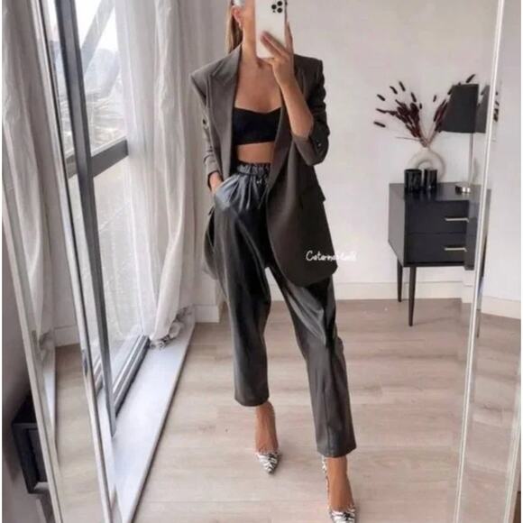 Zara Women's Black Faux Leather The Weekend Drawstring Pants Size Small - Picture 1 of 16